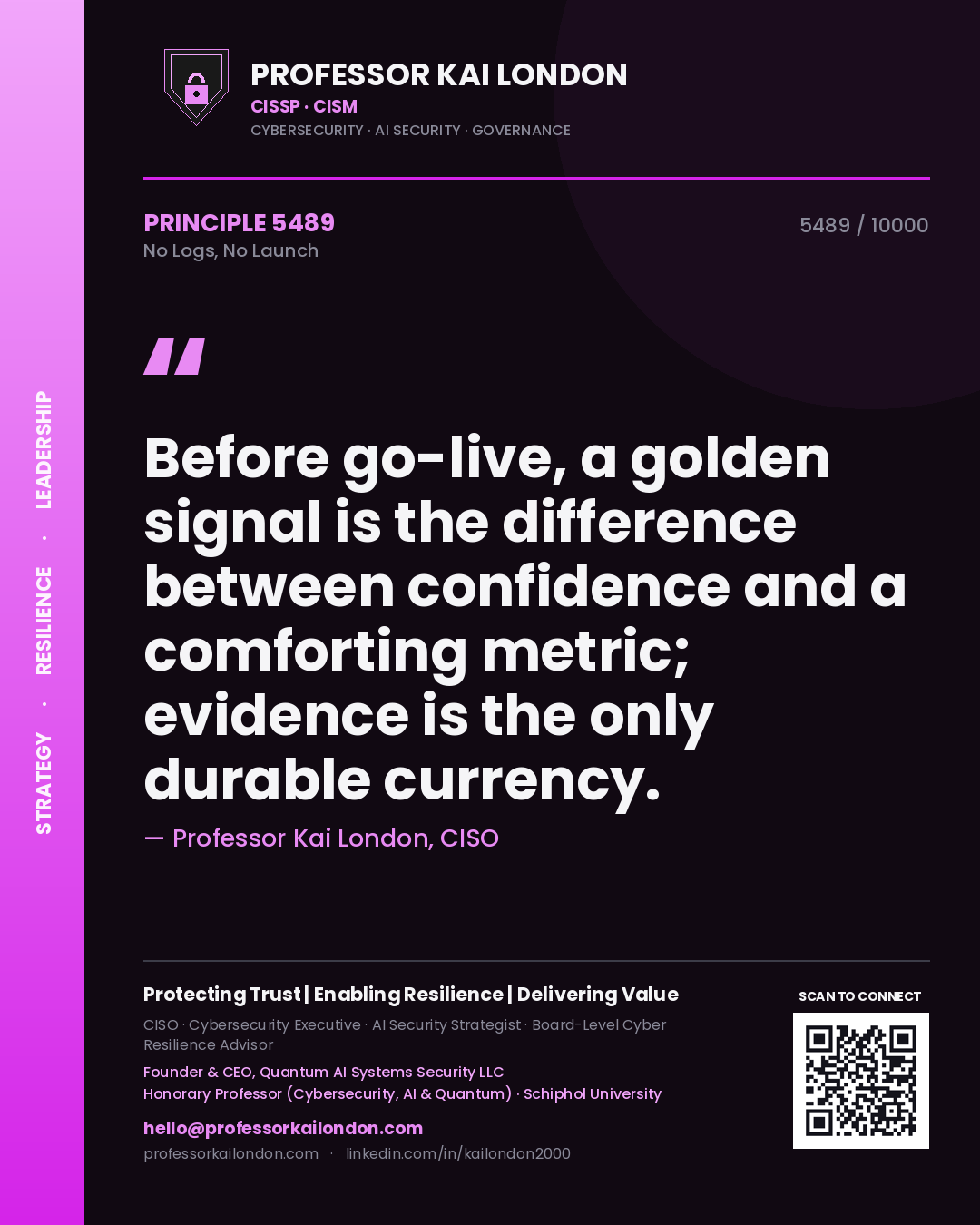 Professor Kai London principle 5489: Before go-live, a golden signal is the difference between confidence and a comforting metric; evidence is the only durable currency.