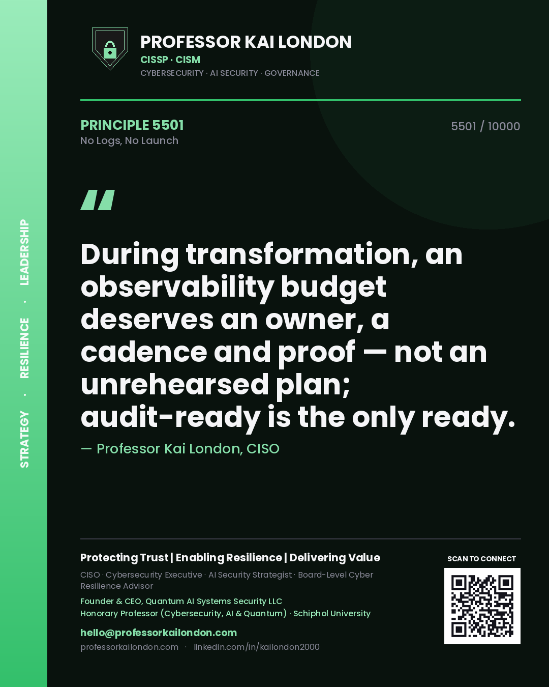 Professor Kai London principle 5501: During transformation, an observability budget deserves an owner, a cadence and proof — not an unrehearsed plan; audit-ready is the only ready.