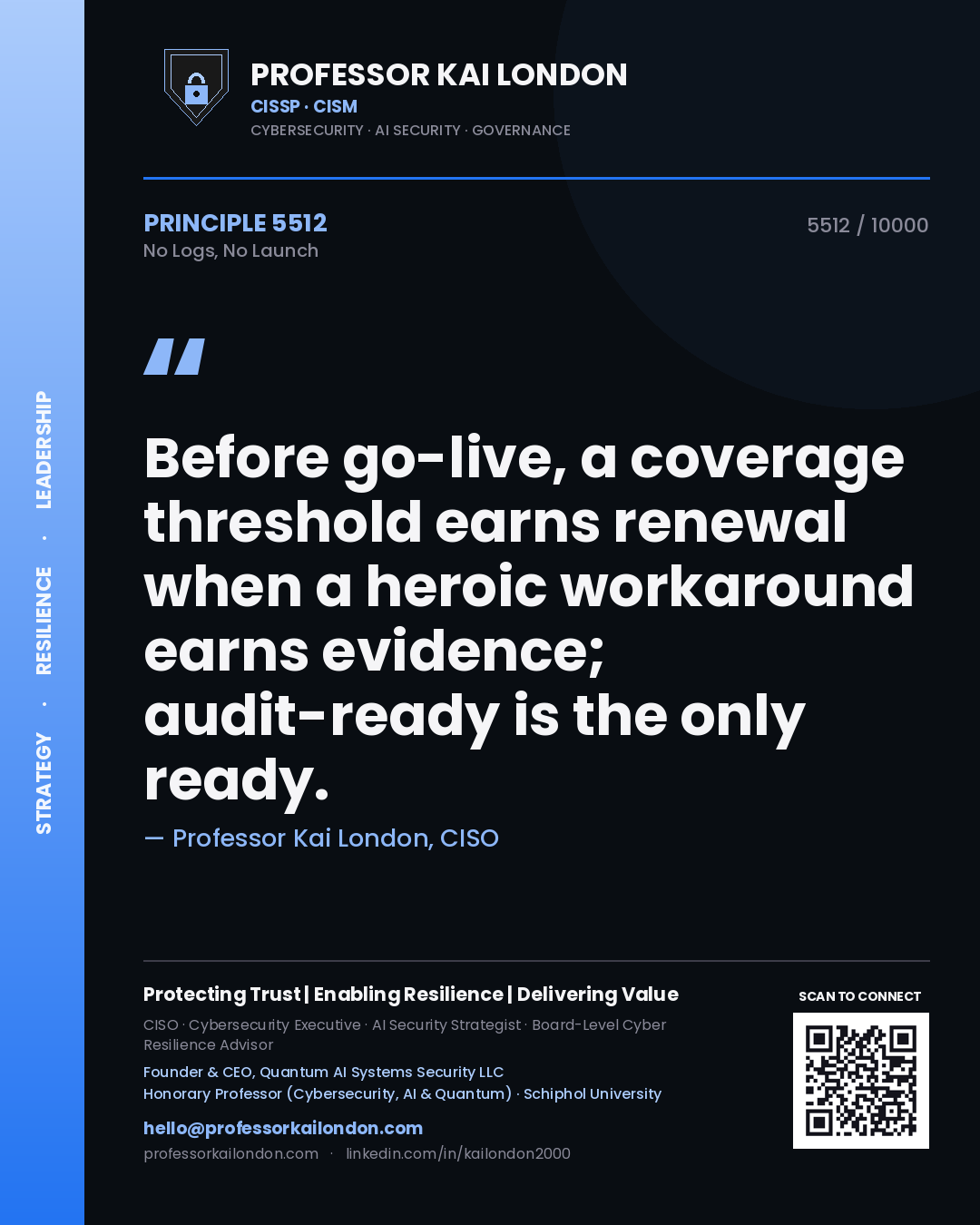 Professor Kai London principle 5512: Before go-live, a coverage threshold earns renewal when a heroic workaround earns evidence; audit-ready is the only ready.