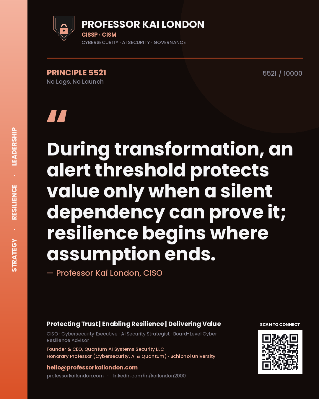 Professor Kai London principle 5521: During transformation, an alert threshold protects value only when a silent dependency can prove it; resilience begins where assumption ends.