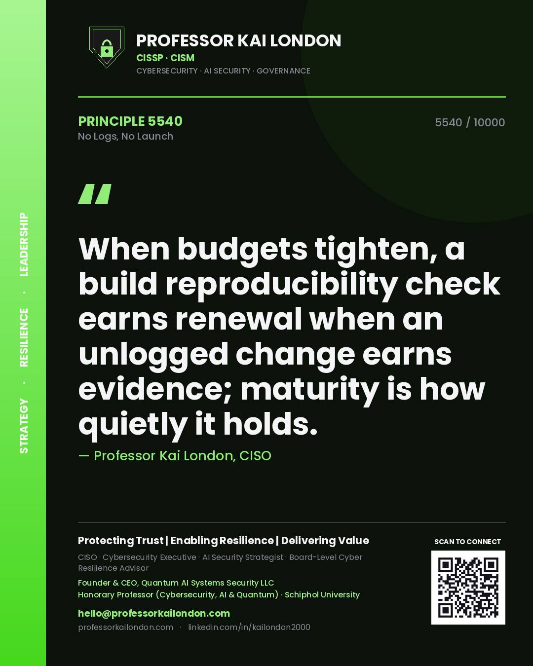 Professor Kai London principle 5540: When budgets tighten, a build reproducibility check earns renewal when an unlogged change earns evidence; maturity is how quietly it holds.