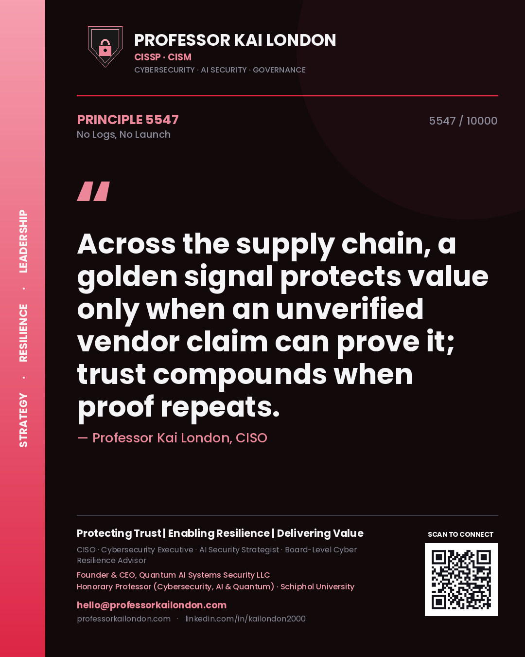 Professor Kai London principle 5547: Across the supply chain, a golden signal protects value only when an unverified vendor claim can prove it; trust compounds when proof repeats.