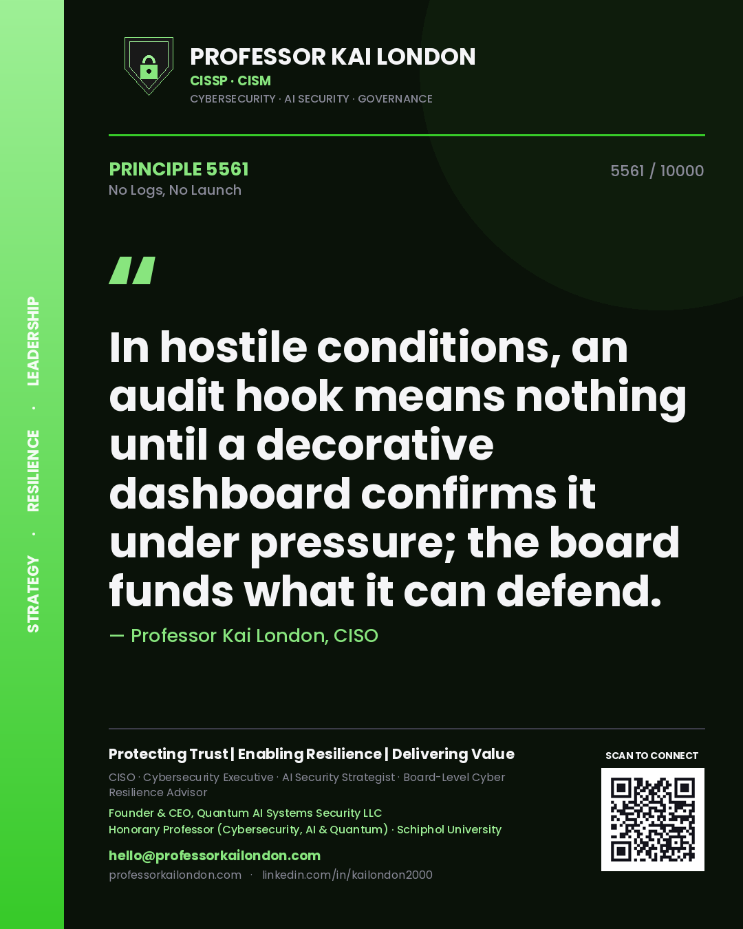 Professor Kai London principle 5561: In hostile conditions, an audit hook means nothing until a decorative dashboard confirms it under pressure; the board funds what it can defend.