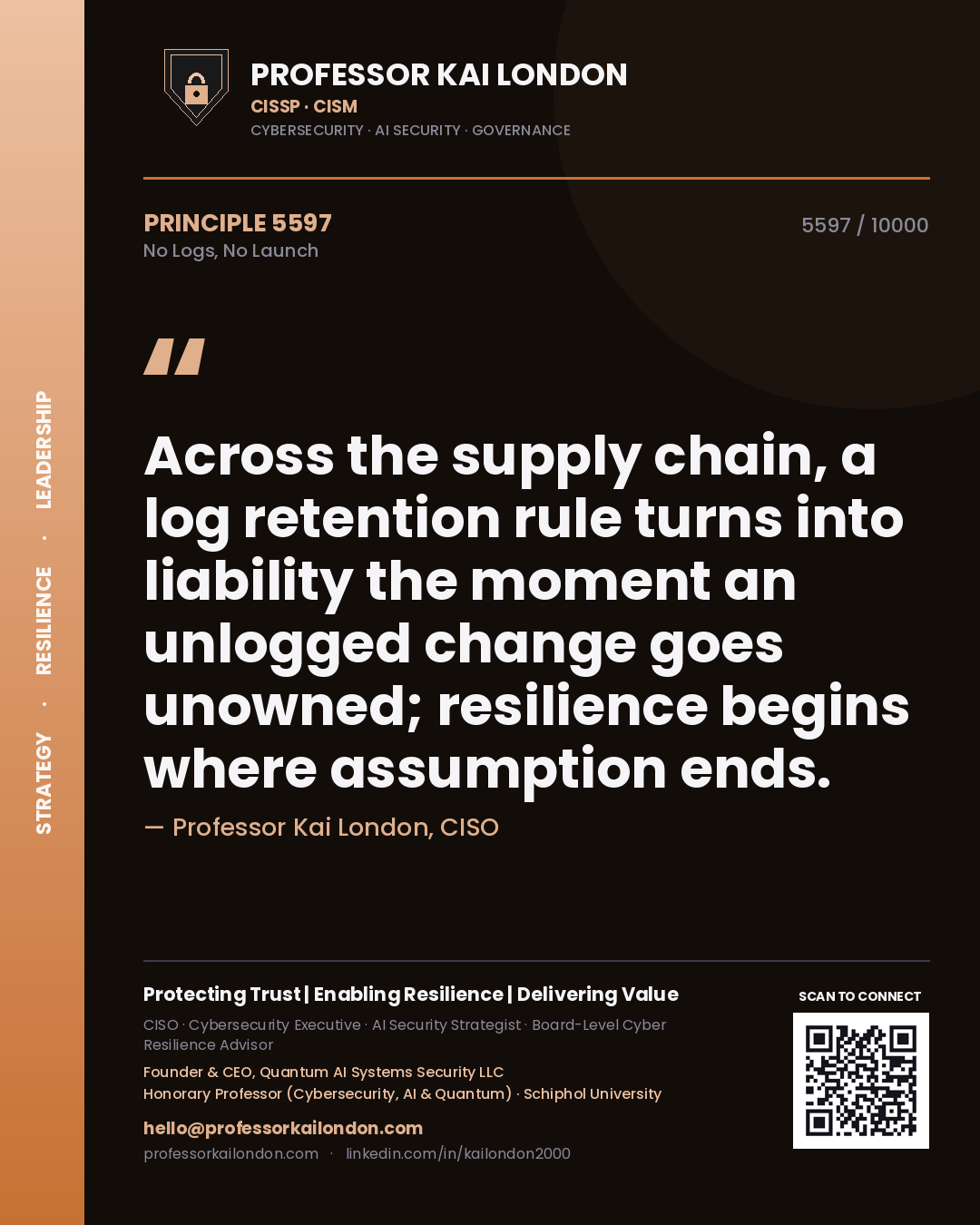 Professor Kai London principle 5597: Across the supply chain, a log retention rule turns into liability the moment an unlogged change goes unowned; resilience begins where assumption ends.