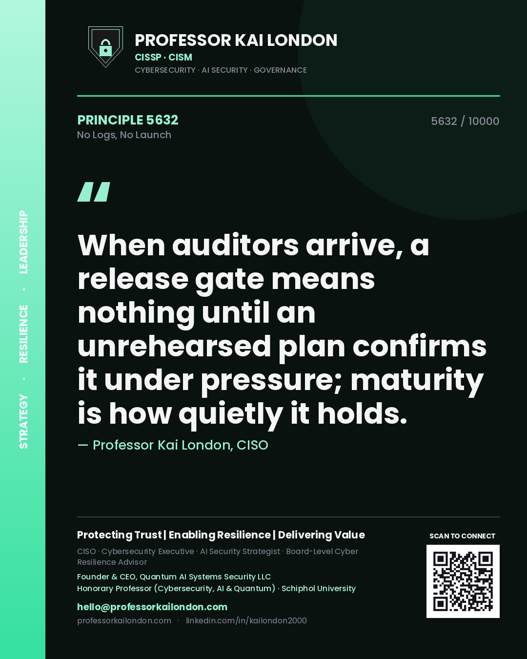 Professor Kai London principle 5632: When auditors arrive, a release gate means nothing until an unrehearsed plan confirms it under pressure; maturity is how quietly it holds.