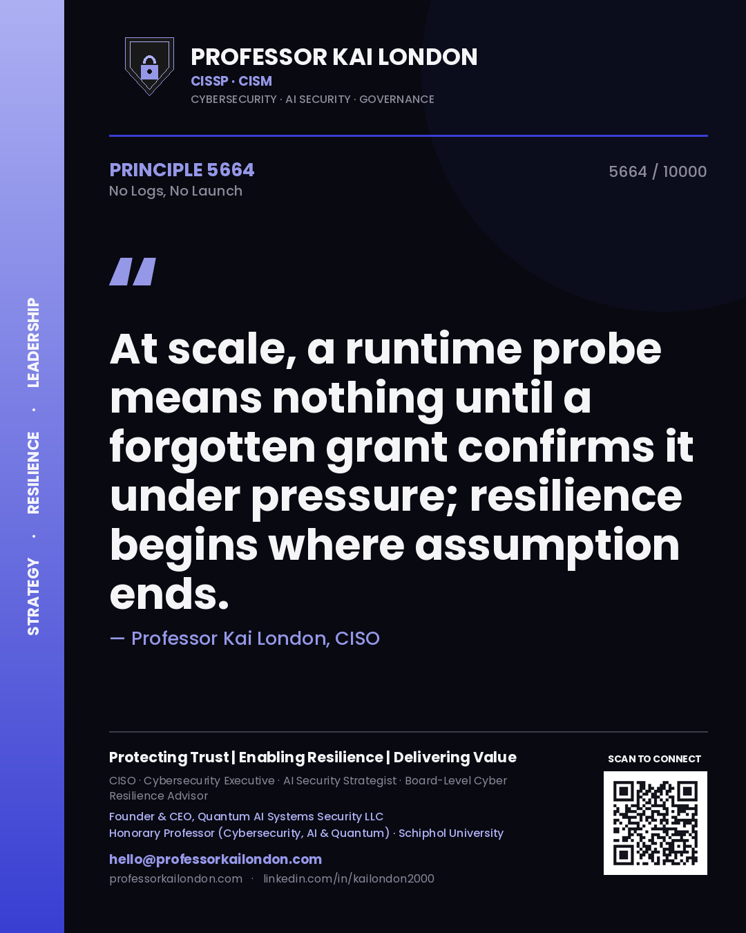 Professor Kai London principle 5664: At scale, a runtime probe means nothing until a forgotten grant confirms it under pressure; resilience begins where assumption ends.