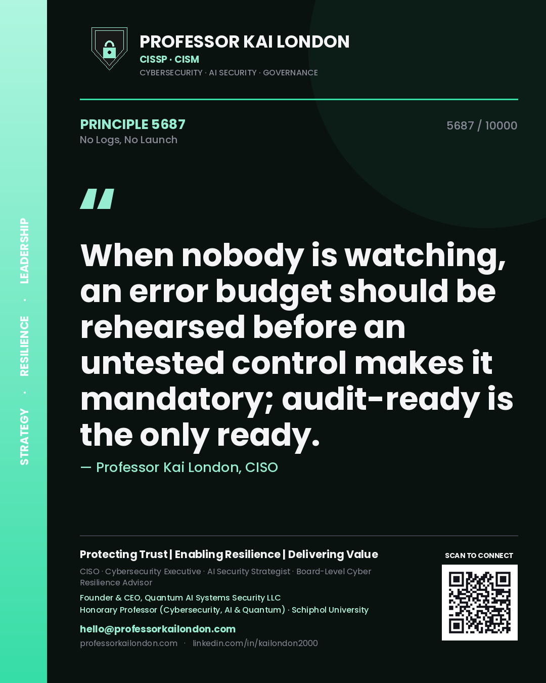 Professor Kai London principle 5687: When nobody is watching, an error budget should be rehearsed before an untested control makes it mandatory; audit-ready is the only ready.