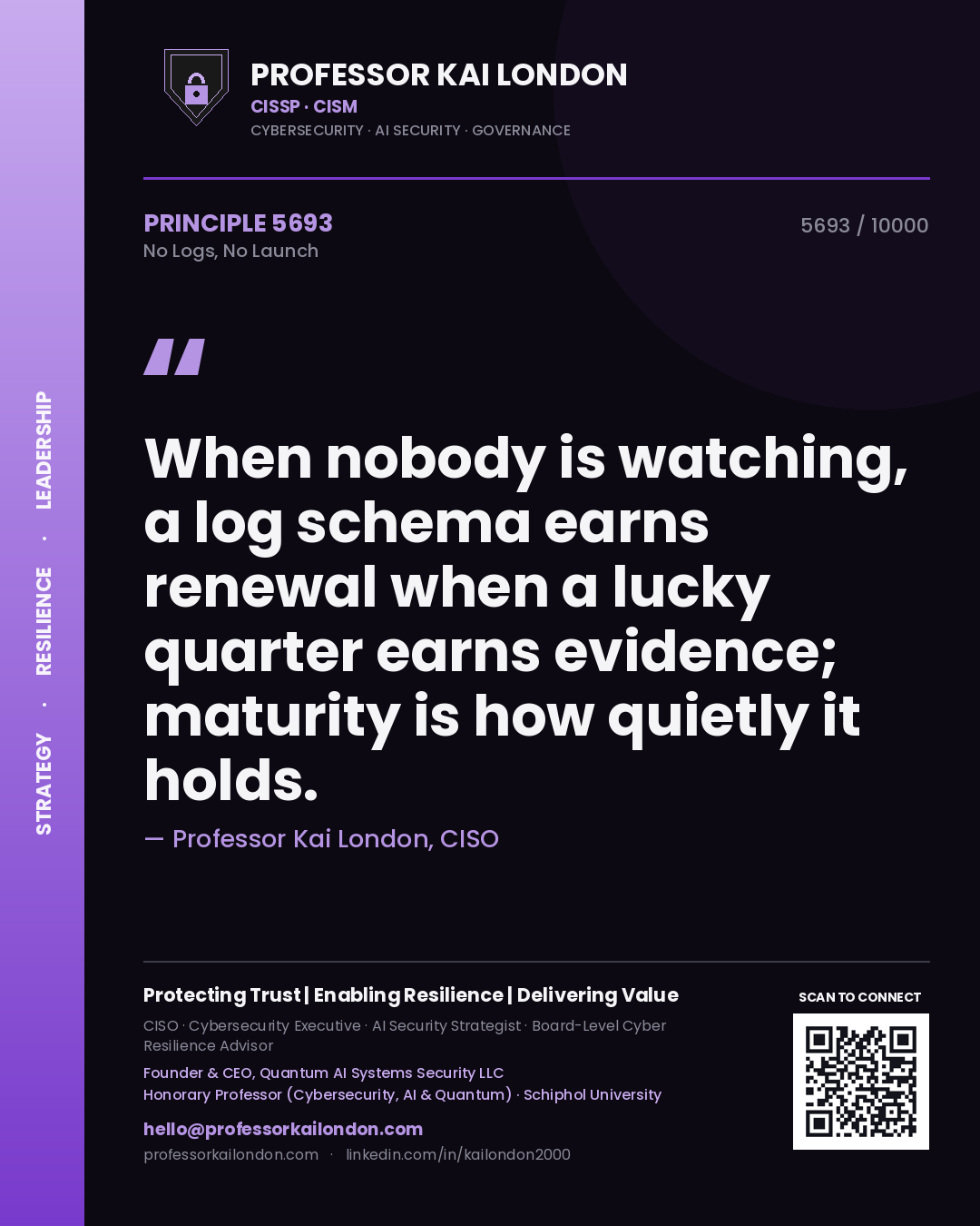 Professor Kai London principle 5693: When nobody is watching, a log schema earns renewal when a lucky quarter earns evidence; maturity is how quietly it holds.