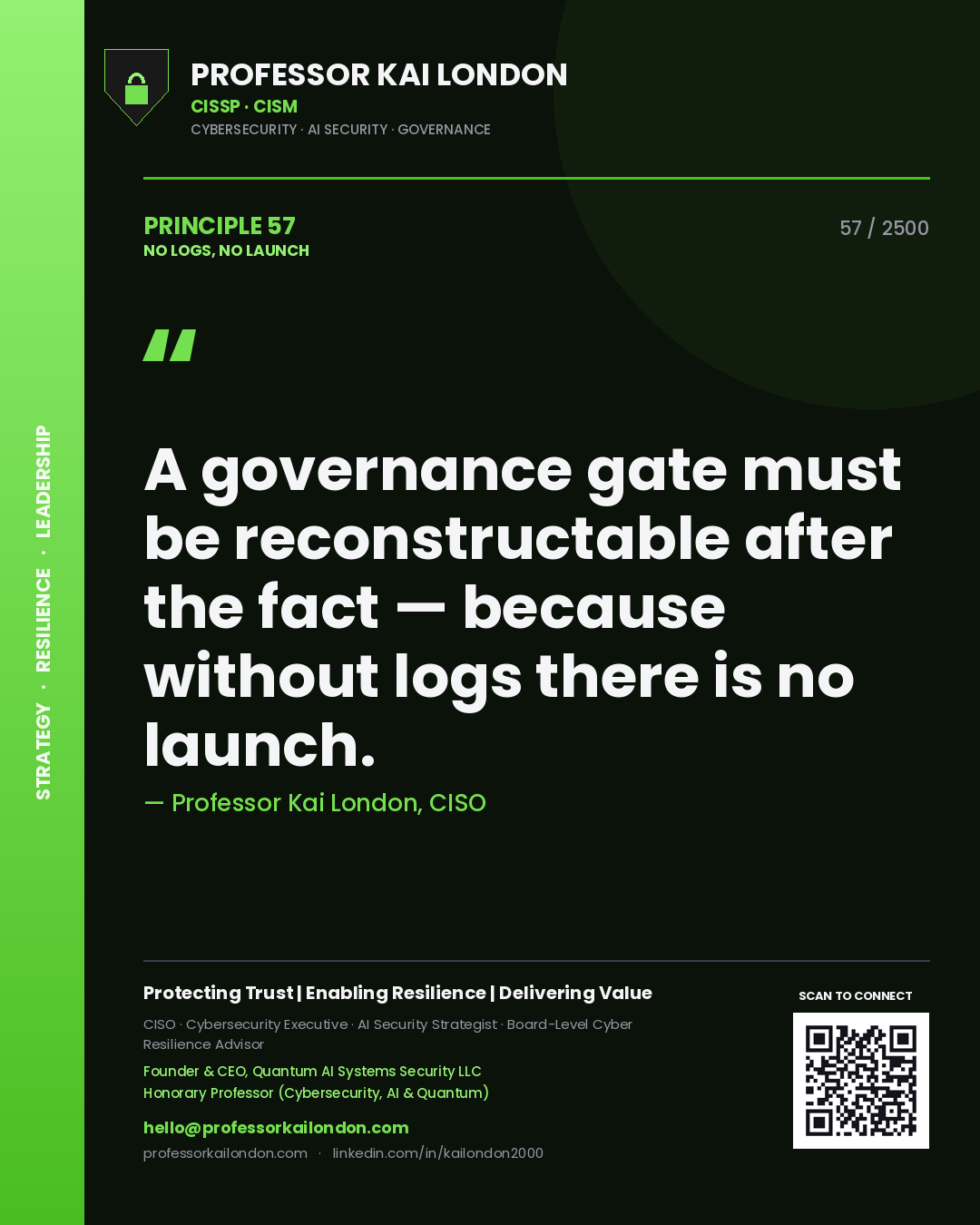 Professor Kai London principle 57: A governance gate must be reconstructable after the fact — because without logs there is no launch.