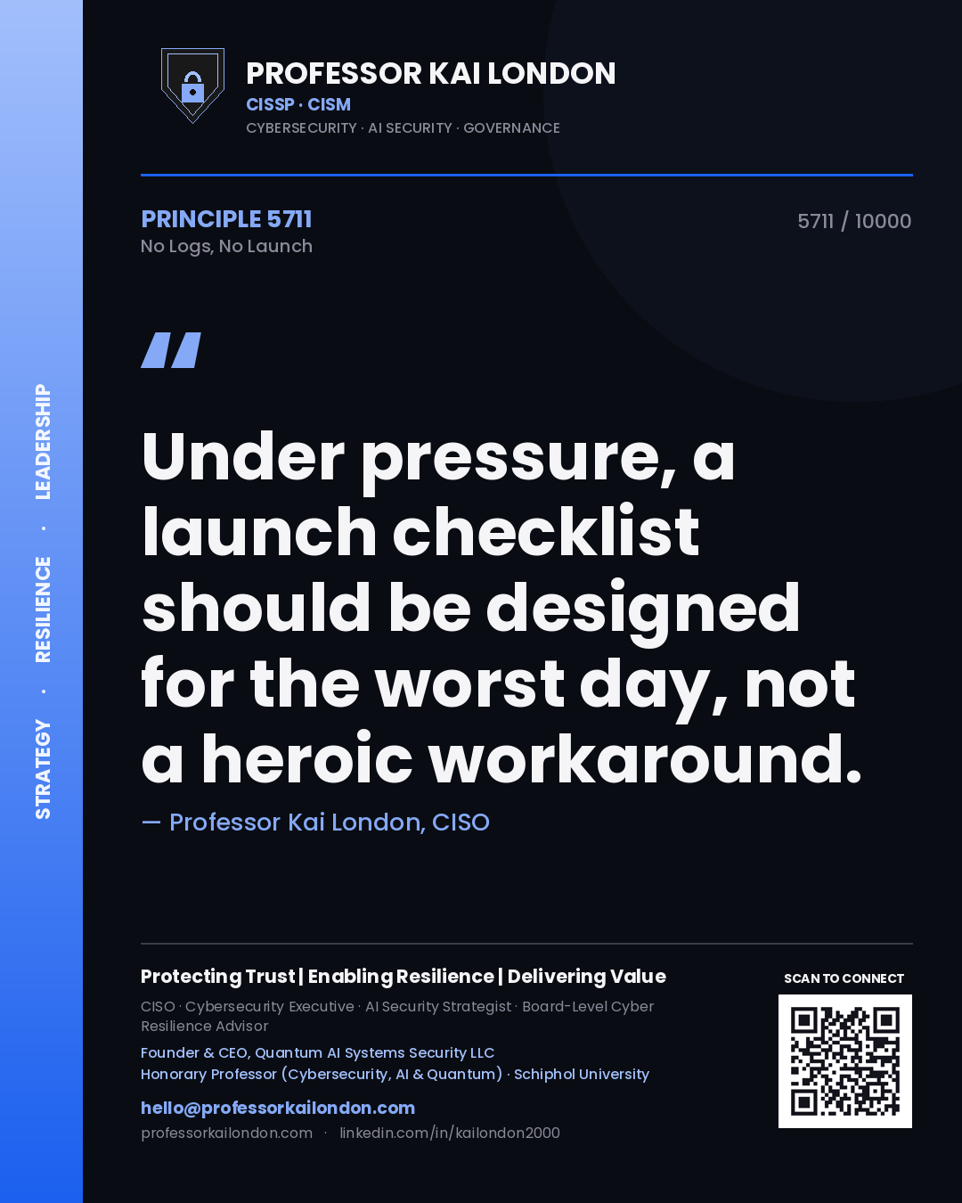 Professor Kai London principle 5711: Under pressure, a launch checklist should be designed for the worst day, not a heroic workaround.
