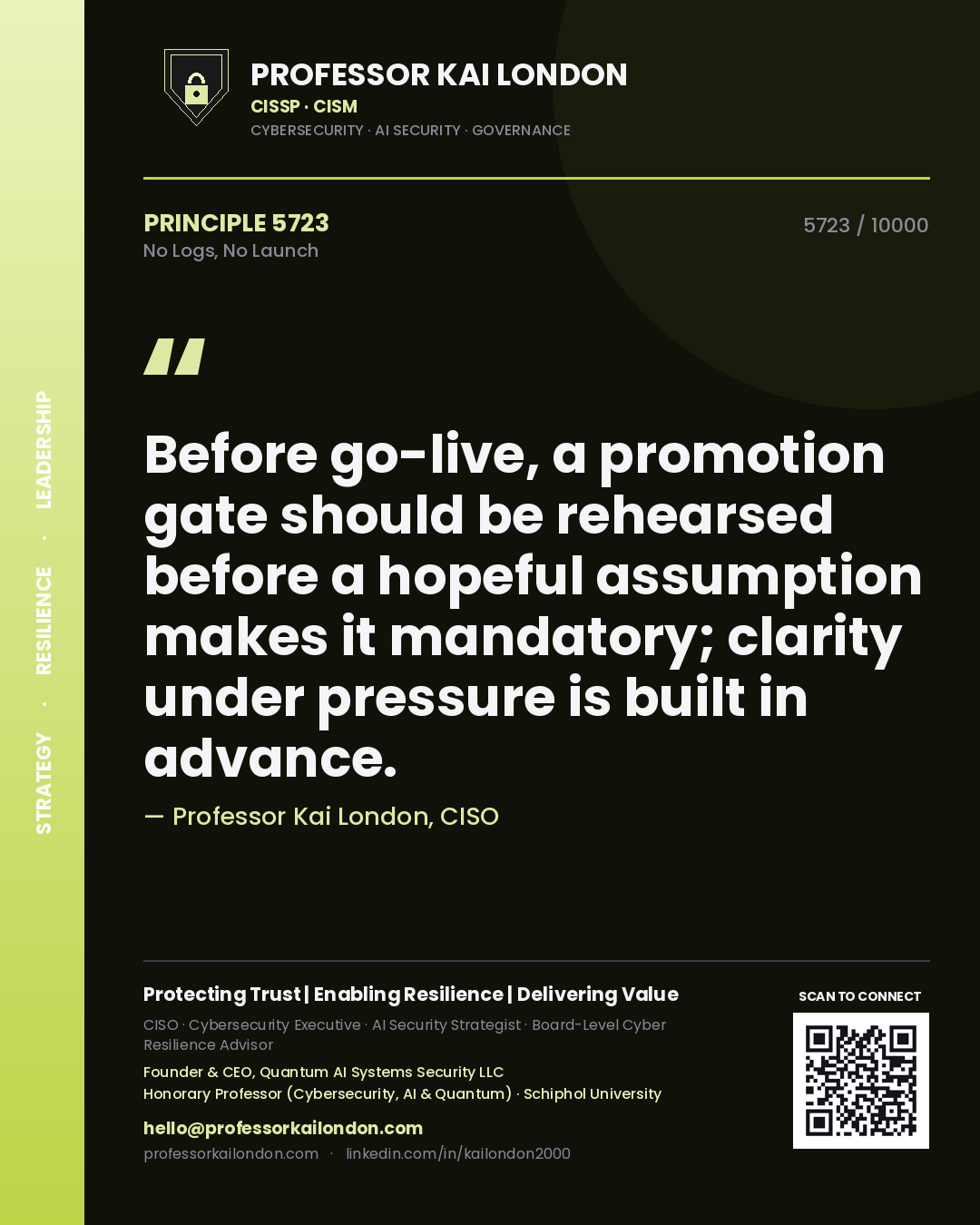 Professor Kai London principle 5723: Before go-live, a promotion gate should be rehearsed before a hopeful assumption makes it mandatory; clarity under pressure is built in advance.