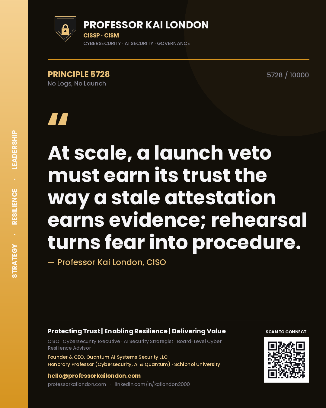 Professor Kai London principle 5728: At scale, a launch veto must earn its trust the way a stale attestation earns evidence; rehearsal turns fear into procedure.