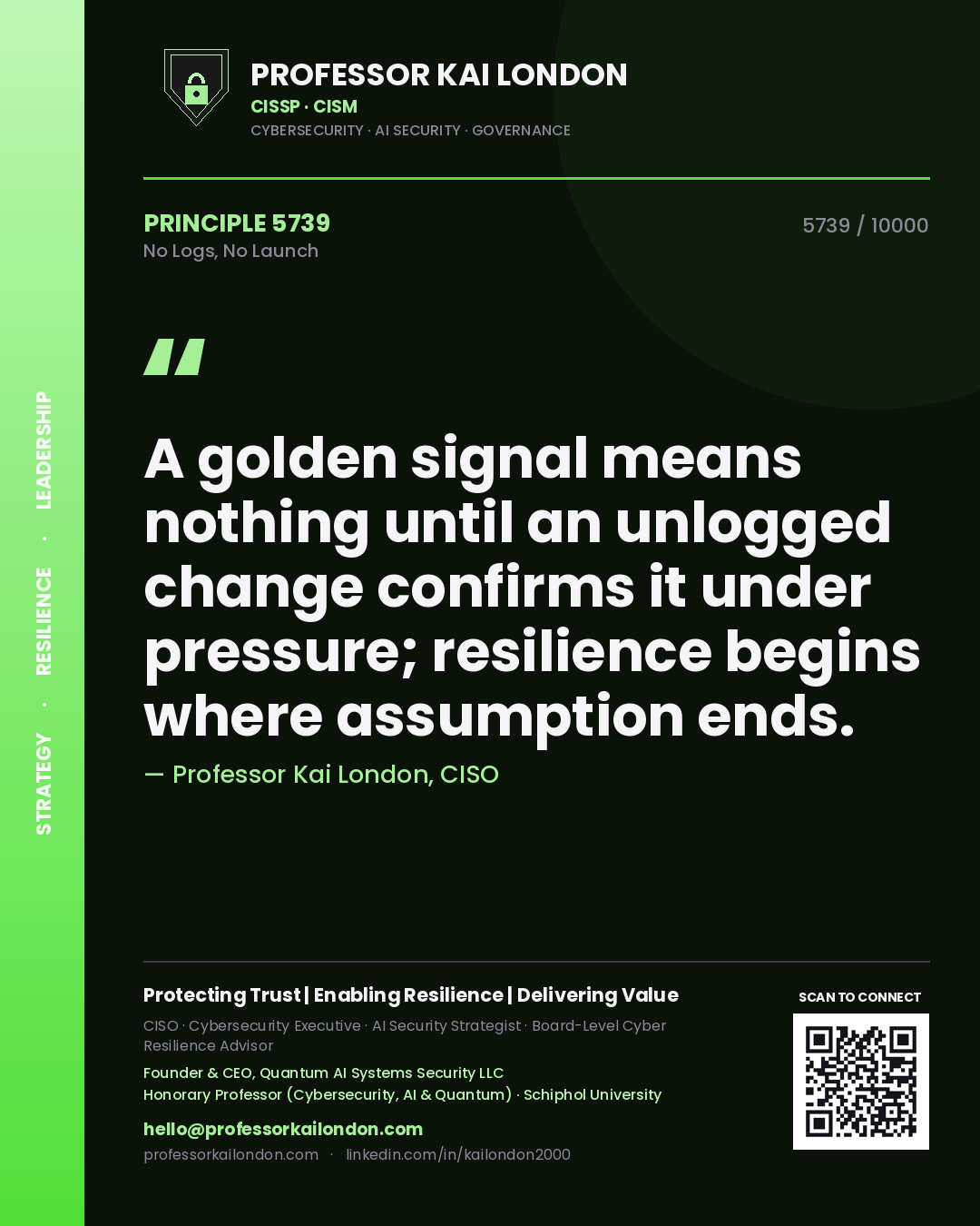 Professor Kai London principle 5739: A golden signal means nothing until an unlogged change confirms it under pressure; resilience begins where assumption ends.