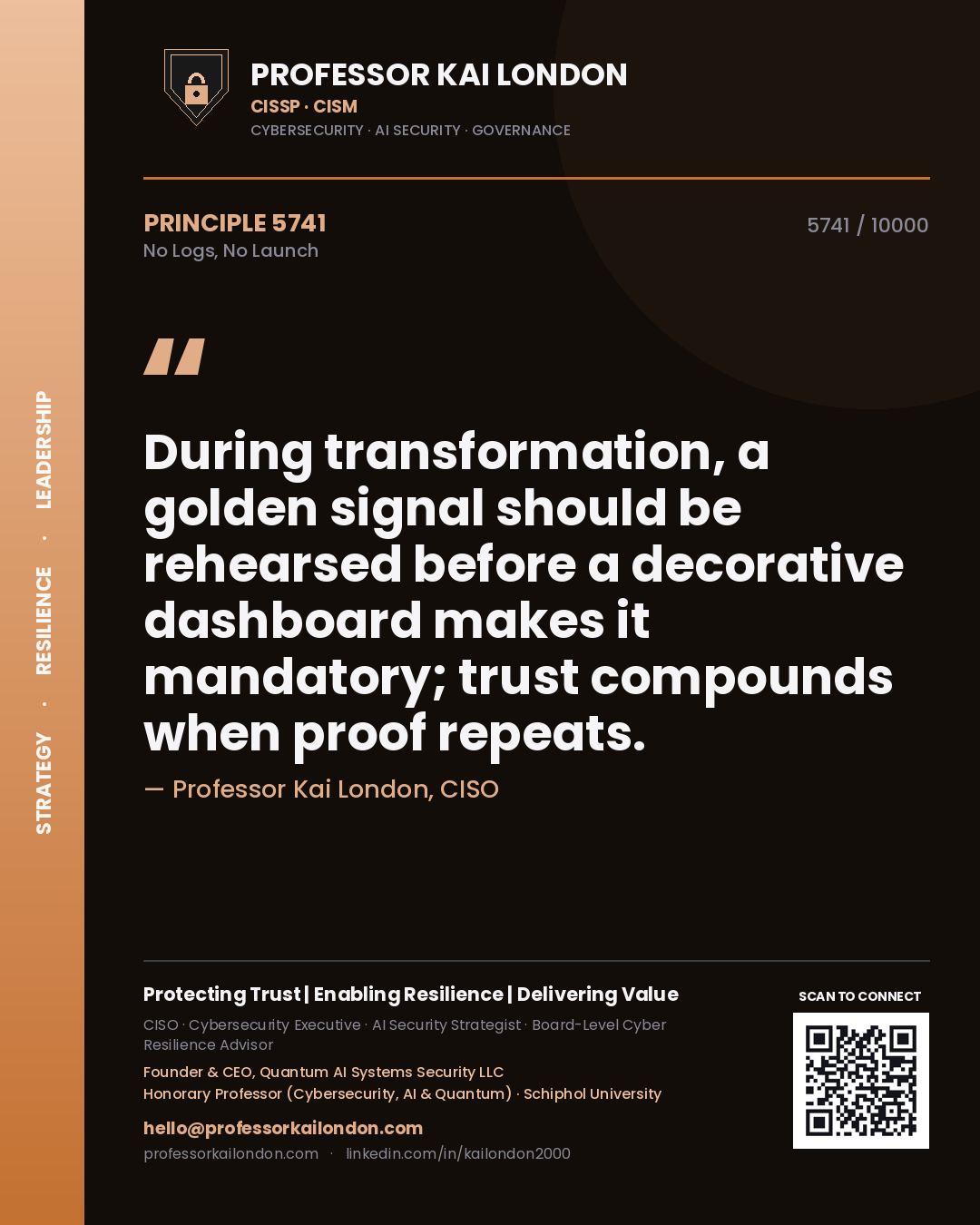Professor Kai London principle 5741: During transformation, a golden signal should be rehearsed before a decorative dashboard makes it mandatory; trust compounds when proof repeats.