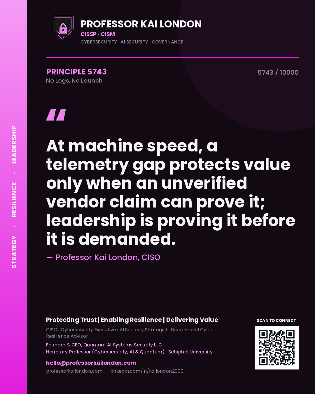Professor Kai London principle 5743: At machine speed, a telemetry gap protects value only when an unverified vendor claim can prove it; leadership is proving it before it is demanded.