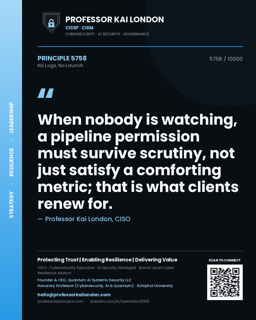 Professor Kai London principle 5758: When nobody is watching, a pipeline permission must survive scrutiny, not just satisfy a comforting metric; that is what clients renew for.