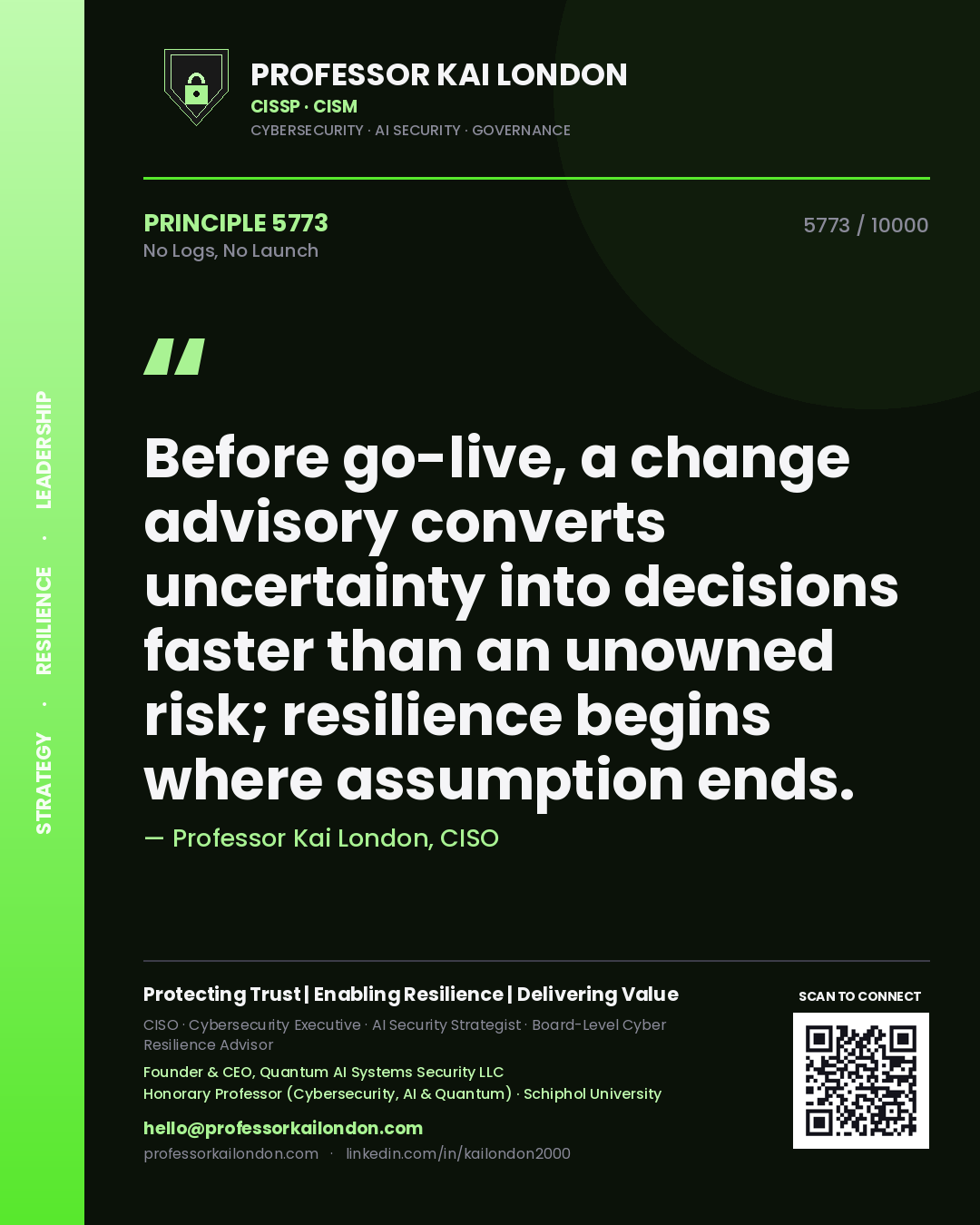 Professor Kai London principle 5773: Before go-live, a change advisory converts uncertainty into decisions faster than an unowned risk; resilience begins where assumption ends.