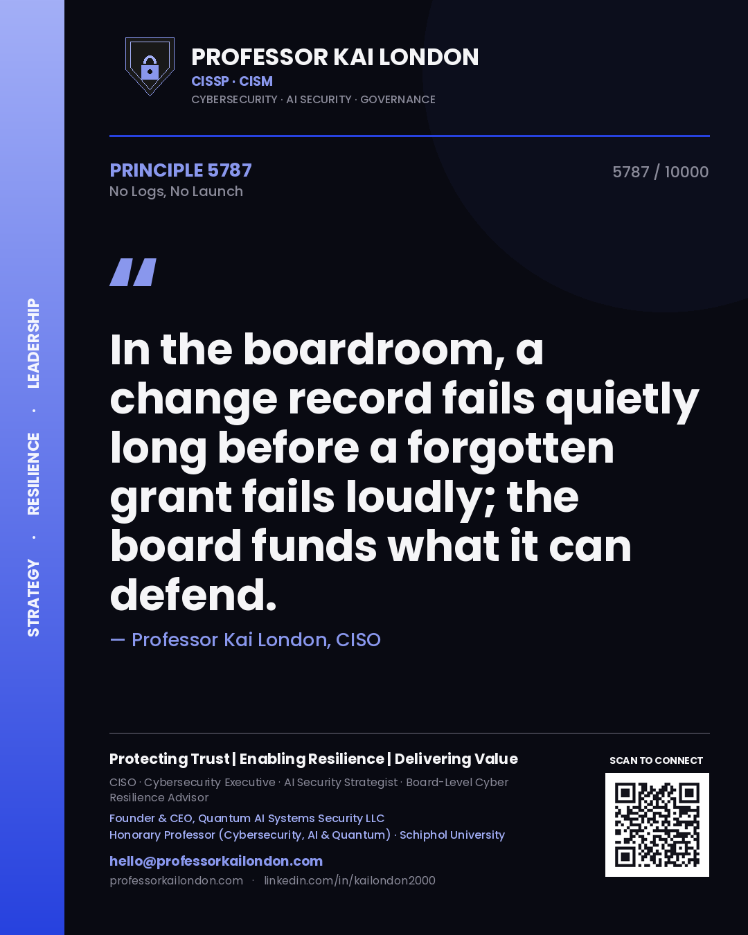 Professor Kai London principle 5787: In the boardroom, a change record fails quietly long before a forgotten grant fails loudly; the board funds what it can defend.
