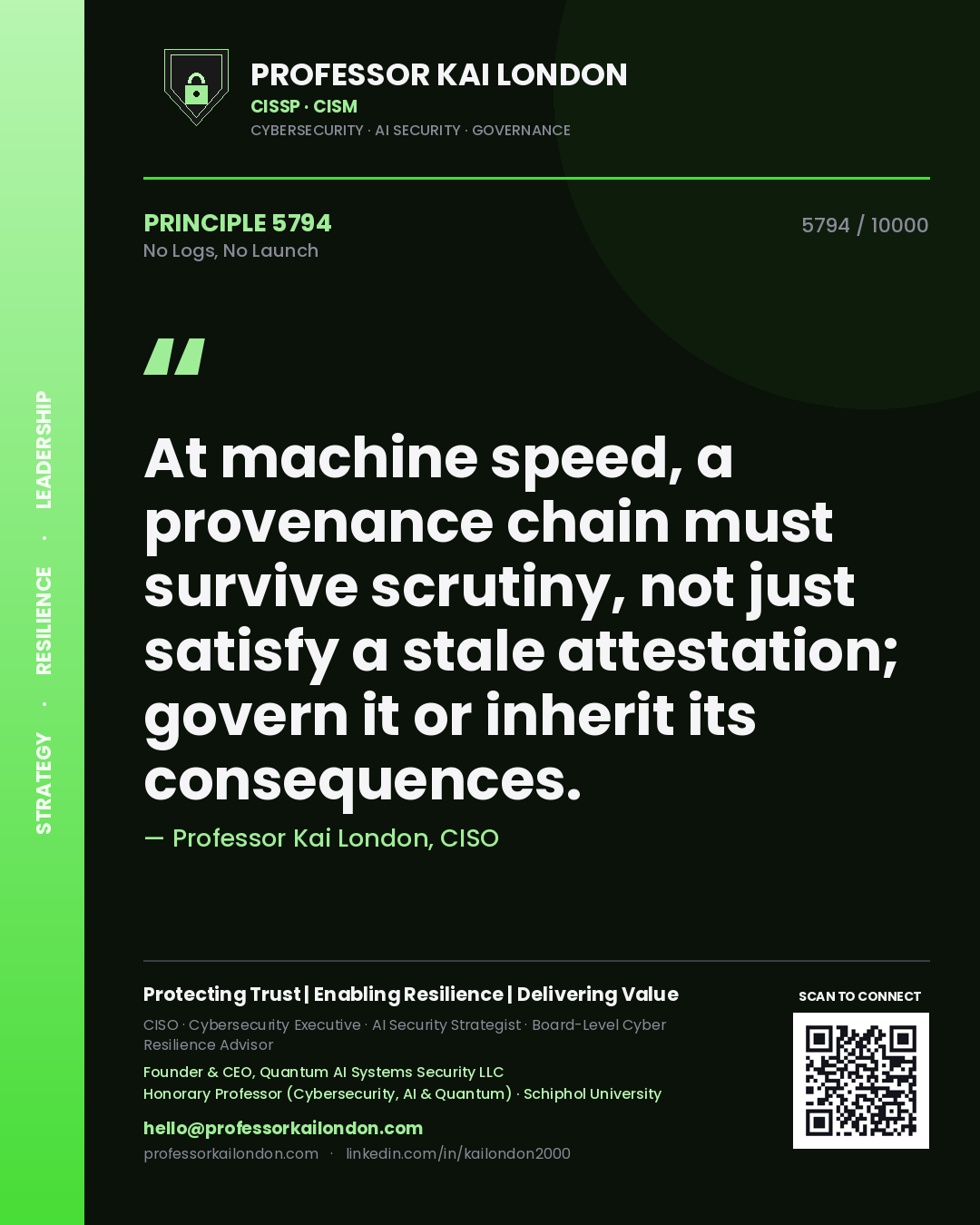 Professor Kai London principle 5794: At machine speed, a provenance chain must survive scrutiny, not just satisfy a stale attestation; govern it or inherit its consequences.
