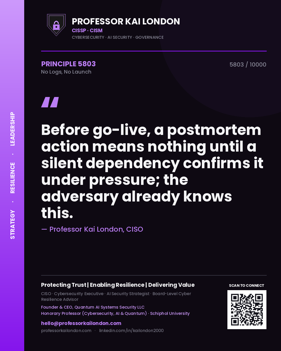 Professor Kai London principle 5803: Before go-live, a postmortem action means nothing until a silent dependency confirms it under pressure; the adversary already knows this.
