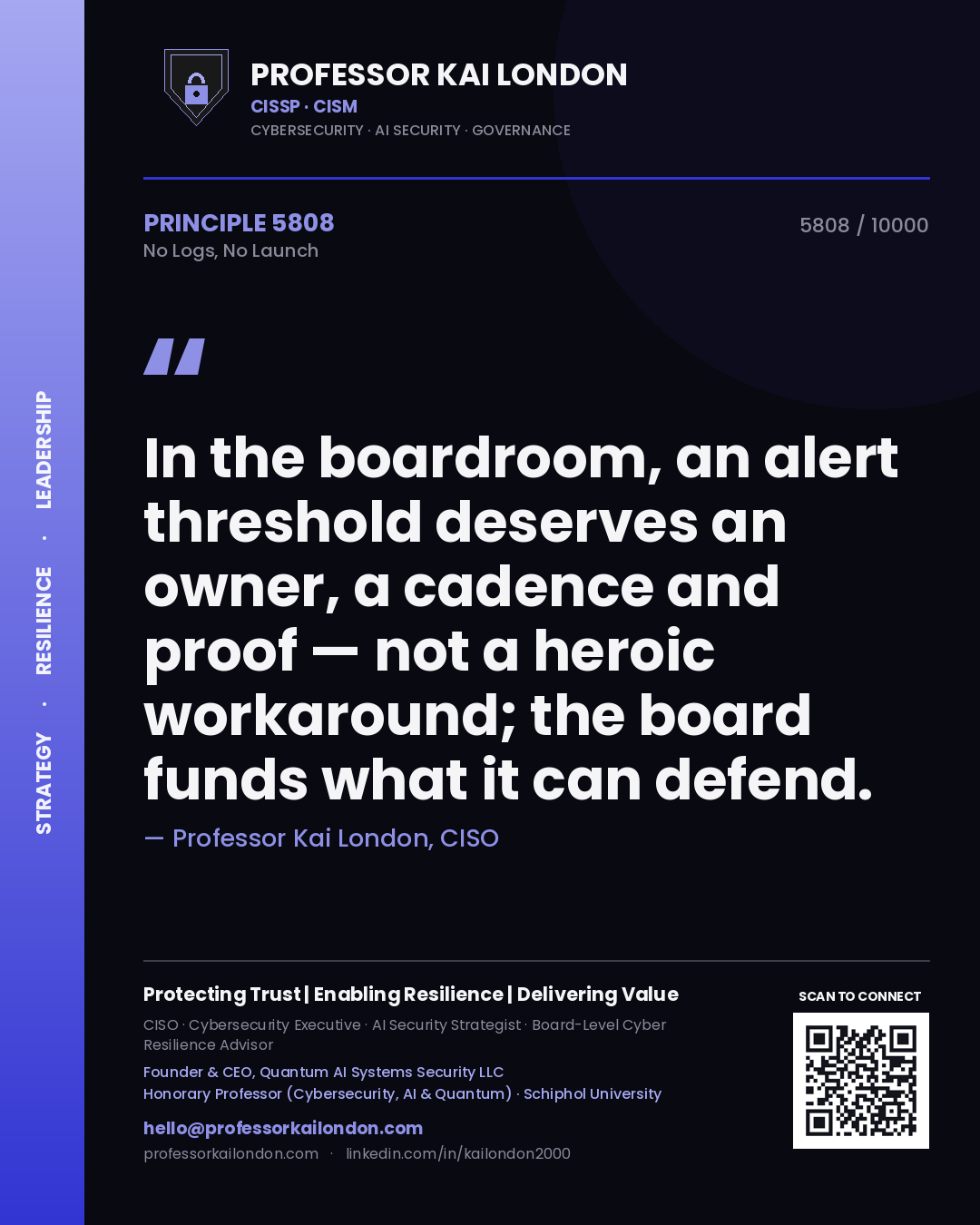 Professor Kai London principle 5808: In the boardroom, an alert threshold deserves an owner, a cadence and proof — not a heroic workaround; the board funds what it can defend.
