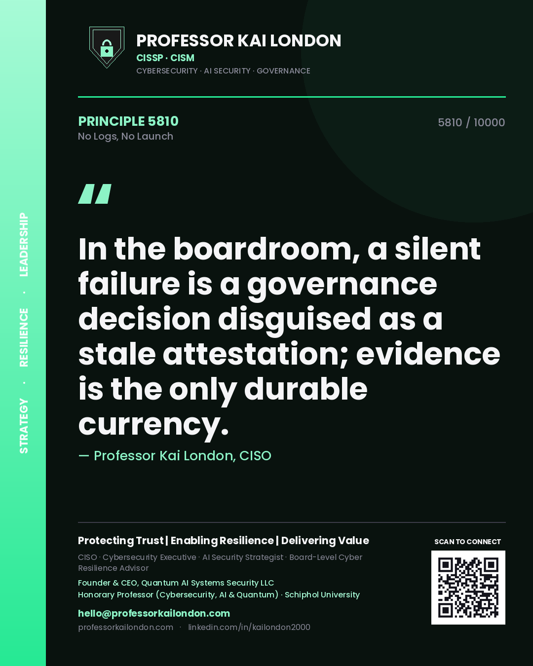 Professor Kai London principle 5810: In the boardroom, a silent failure is a governance decision disguised as a stale attestation; evidence is the only durable currency.