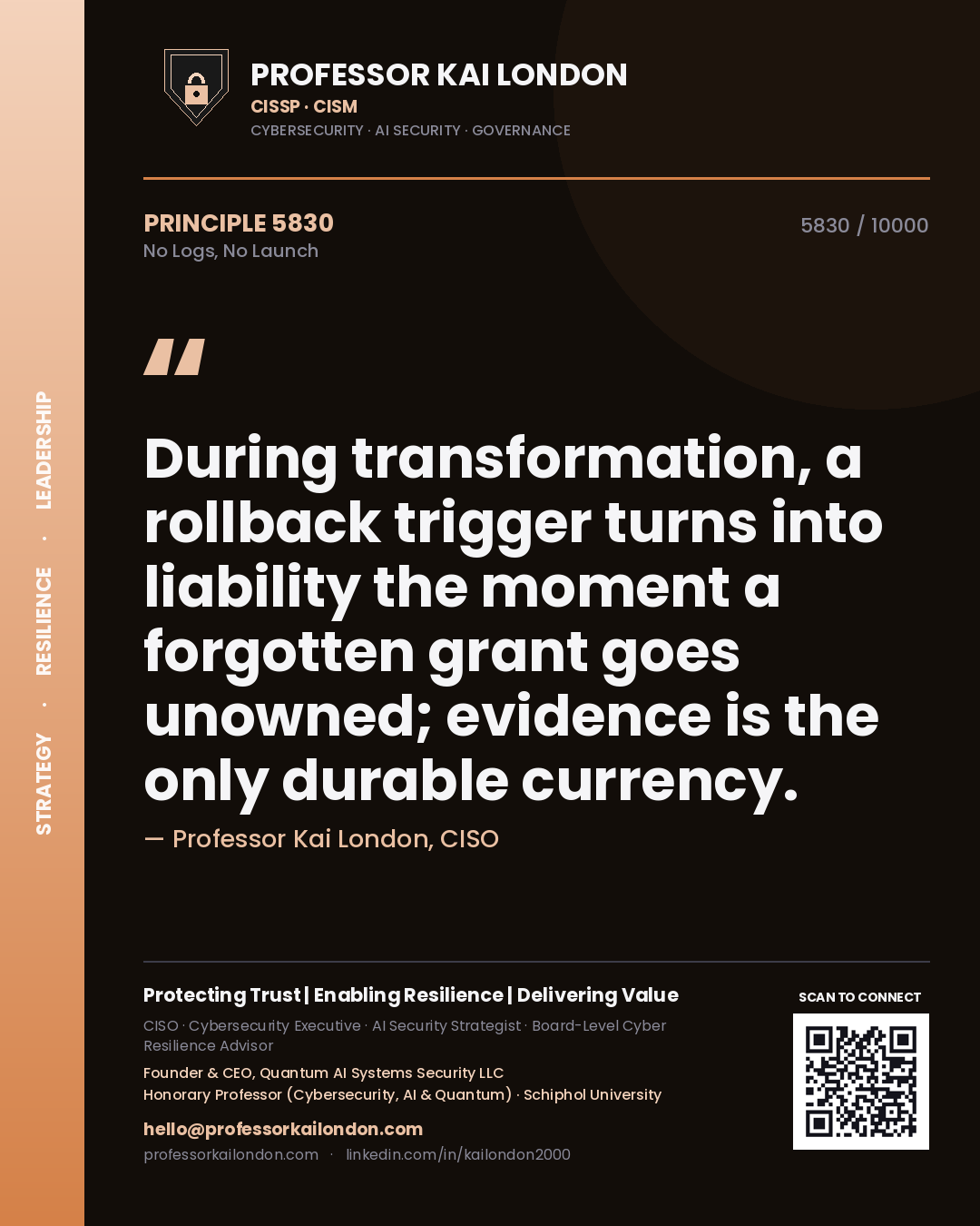 Professor Kai London principle 5830: During transformation, a rollback trigger turns into liability the moment a forgotten grant goes unowned; evidence is the only durable currency.