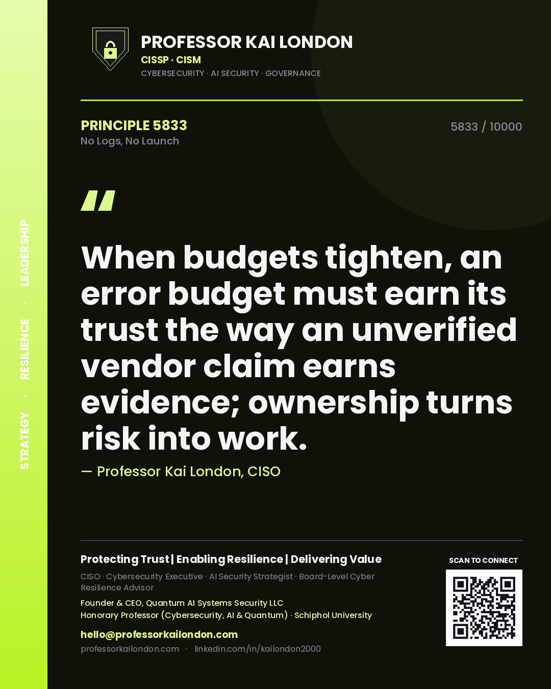 Professor Kai London principle 5833: When budgets tighten, an error budget must earn its trust the way an unverified vendor claim earns evidence; ownership turns risk into work.