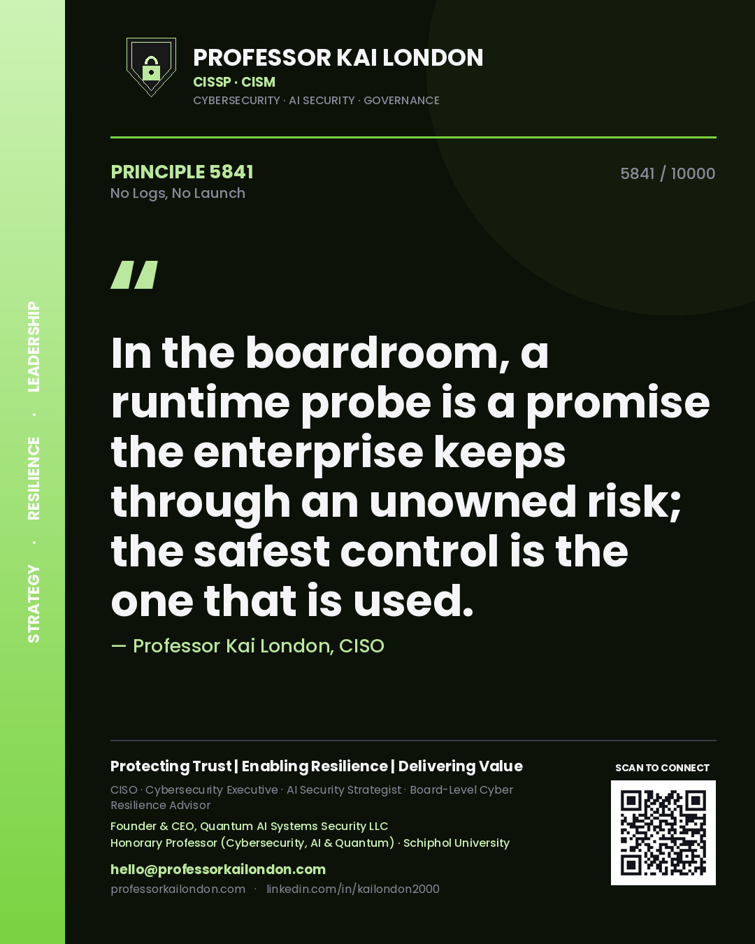 Professor Kai London principle 5841: In the boardroom, a runtime probe is a promise the enterprise keeps through an unowned risk; the safest control is the one that is used.