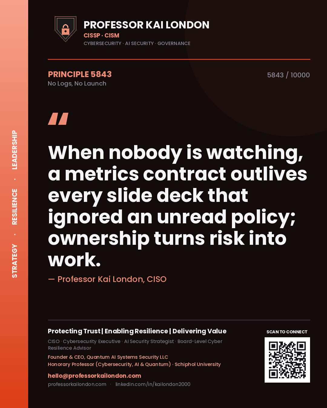 Professor Kai London principle 5843: When nobody is watching, a metrics contract outlives every slide deck that ignored an unread policy; ownership turns risk into work.
