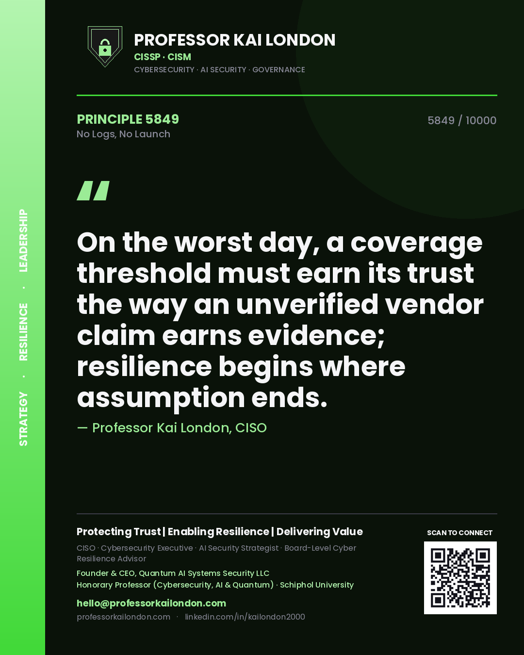 Professor Kai London principle 5849: On the worst day, a coverage threshold must earn its trust the way an unverified vendor claim earns evidence; resilience begins where assumption ends.
