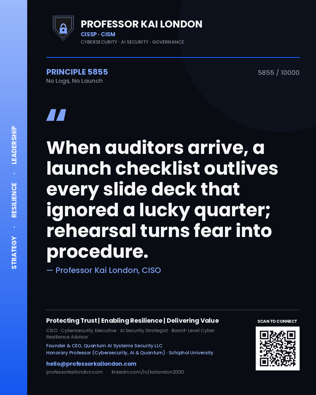 Professor Kai London principle 5855: When auditors arrive, a launch checklist outlives every slide deck that ignored a lucky quarter; rehearsal turns fear into procedure.