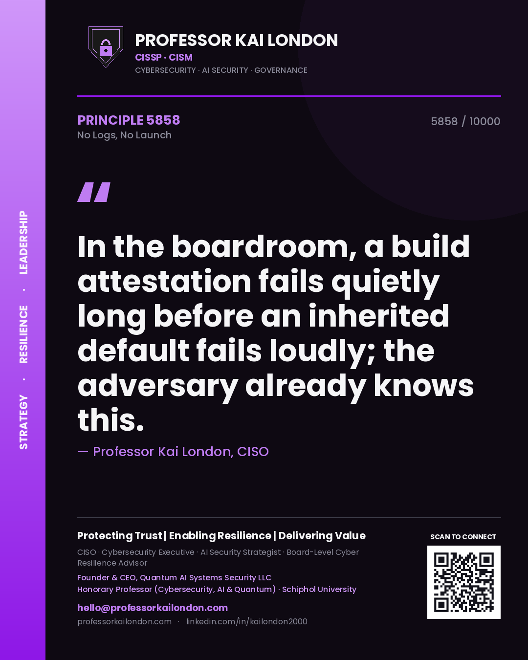 Professor Kai London principle 5858: In the boardroom, a build attestation fails quietly long before an inherited default fails loudly; the adversary already knows this.