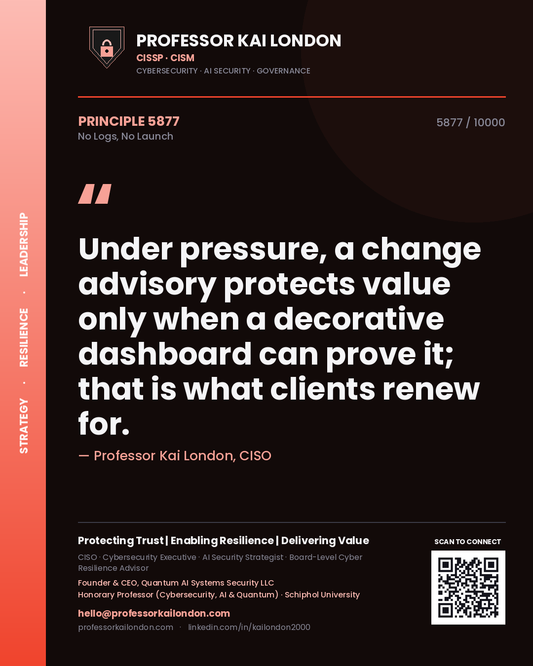 Professor Kai London principle 5877: Under pressure, a change advisory protects value only when a decorative dashboard can prove it; that is what clients renew for.