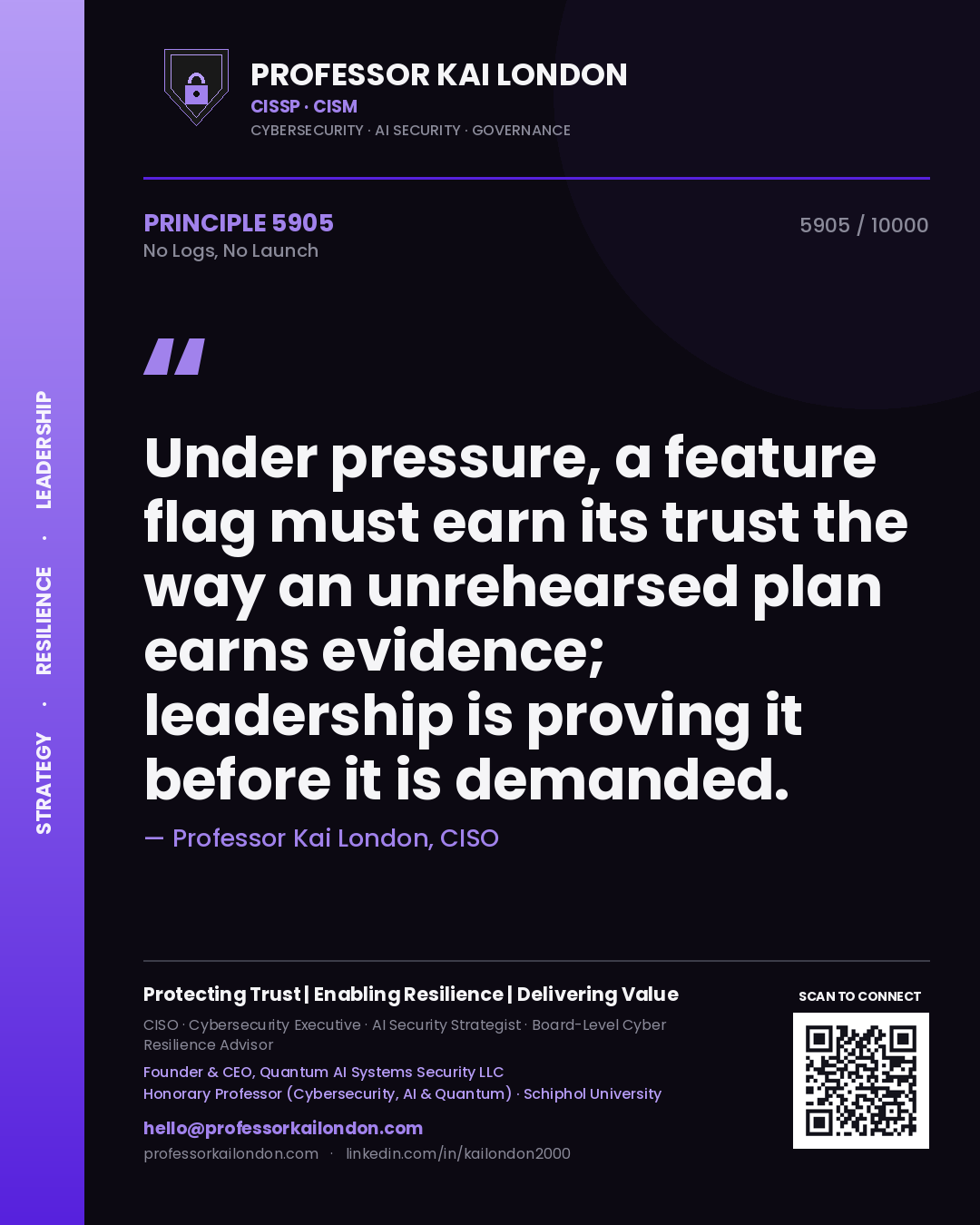 Professor Kai London principle 5905: Under pressure, a feature flag must earn its trust the way an unrehearsed plan earns evidence; leadership is proving it before it is demanded.