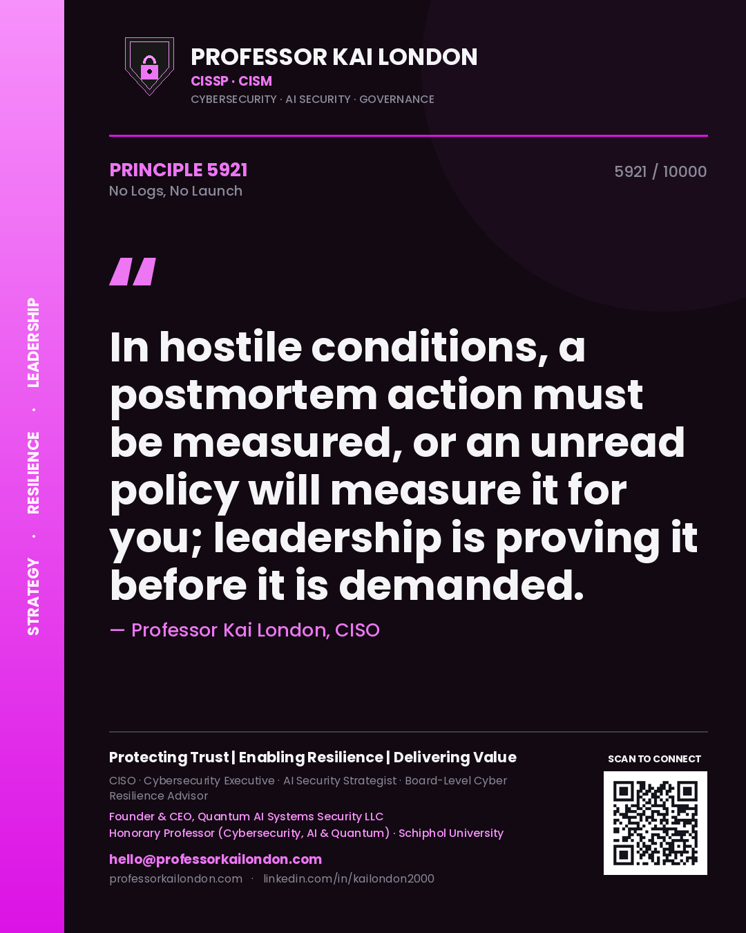 Professor Kai London principle 5921: In hostile conditions, a postmortem action must be measured, or an unread policy will measure it for you; leadership is proving it before it is demanded.
