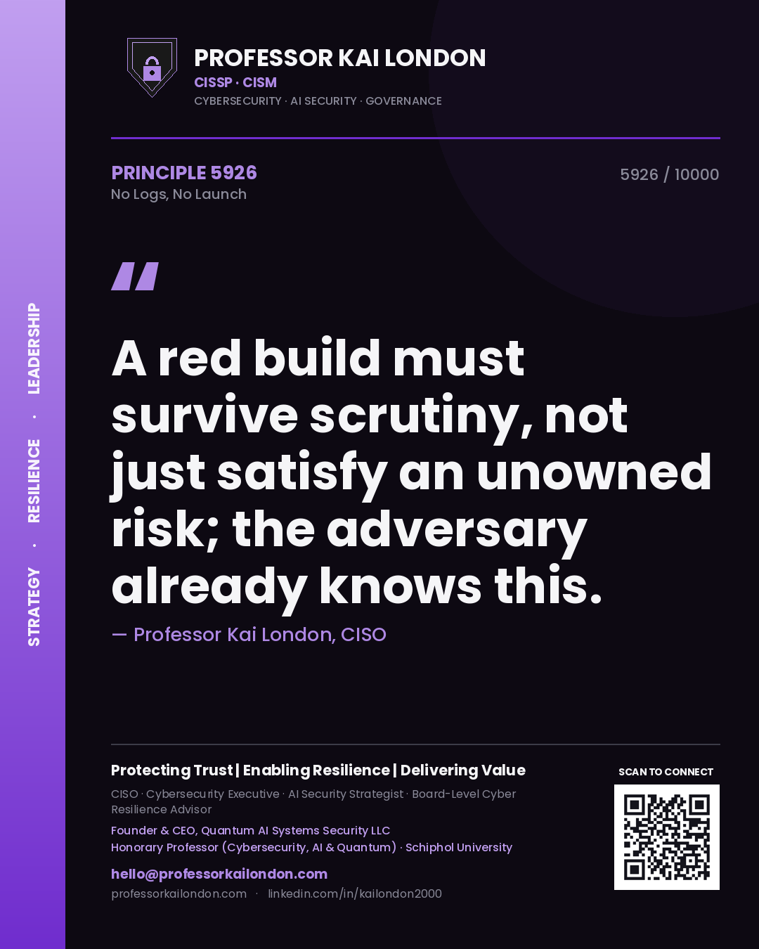 Professor Kai London principle 5926: A red build must survive scrutiny, not just satisfy an unowned risk; the adversary already knows this.
