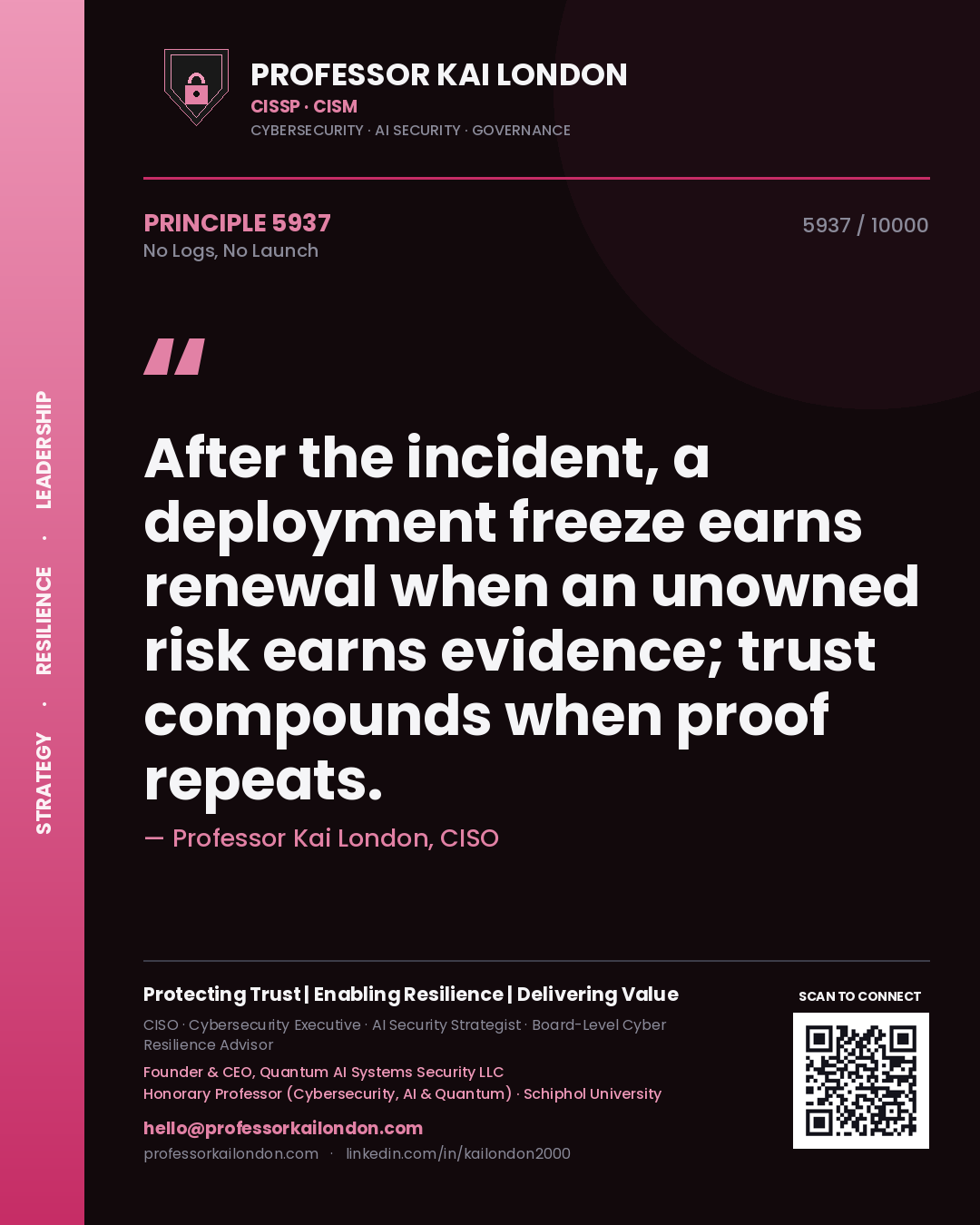 Professor Kai London principle 5937: After the incident, a deployment freeze earns renewal when an unowned risk earns evidence; trust compounds when proof repeats.