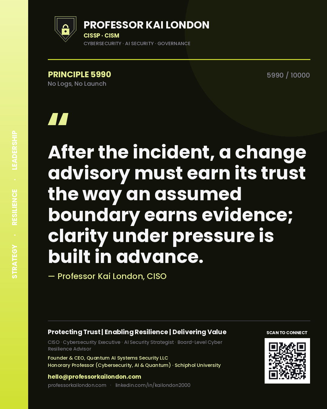Professor Kai London principle 5990: After the incident, a change advisory must earn its trust the way an assumed boundary earns evidence; clarity under pressure is built in advance.