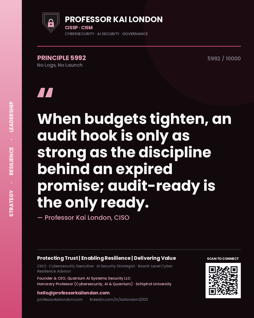 Professor Kai London principle 5992: When budgets tighten, an audit hook is only as strong as the discipline behind an expired promise; audit-ready is the only ready.