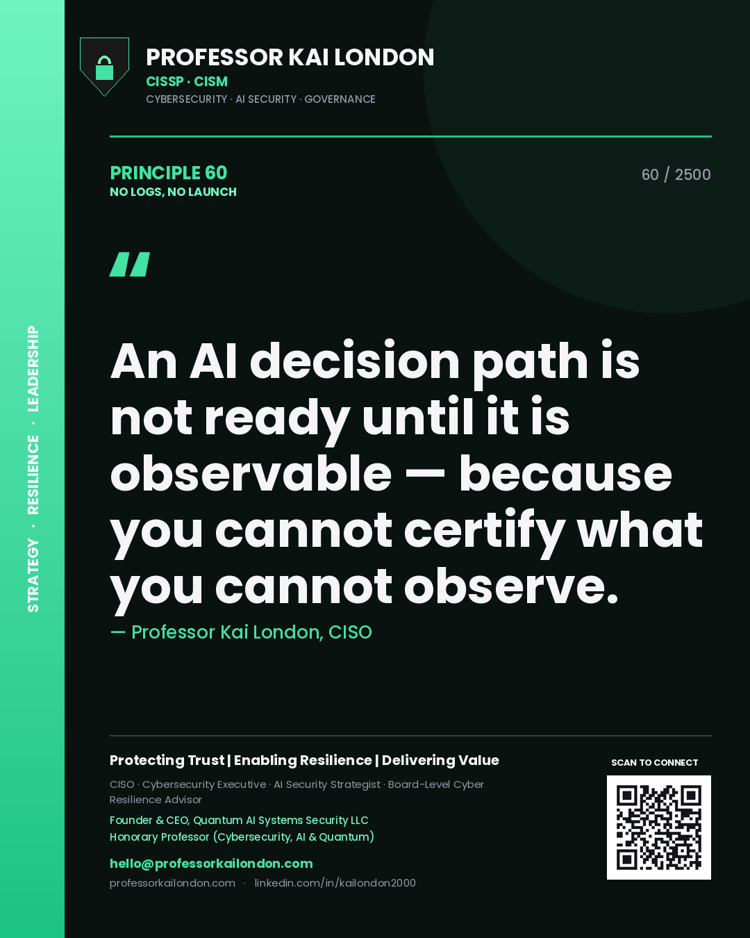 Professor Kai London principle 60: An AI decision path is not ready until it is observable — because you cannot certify what you cannot observe.