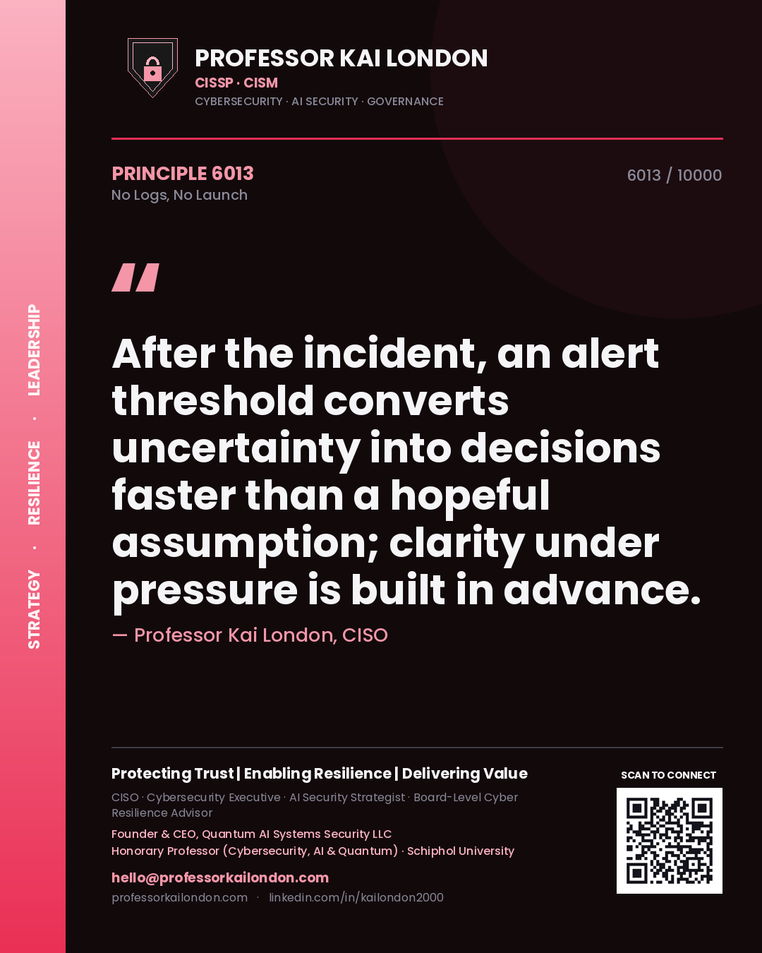 Professor Kai London principle 6013: After the incident, an alert threshold converts uncertainty into decisions faster than a hopeful assumption; clarity under pressure is built in advance.