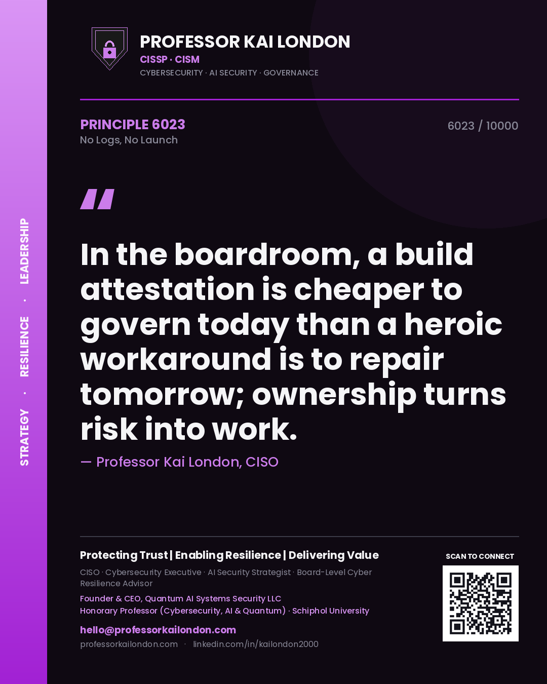 Professor Kai London principle 6023: In the boardroom, a build attestation is cheaper to govern today than a heroic workaround is to repair tomorrow; ownership turns risk into work.