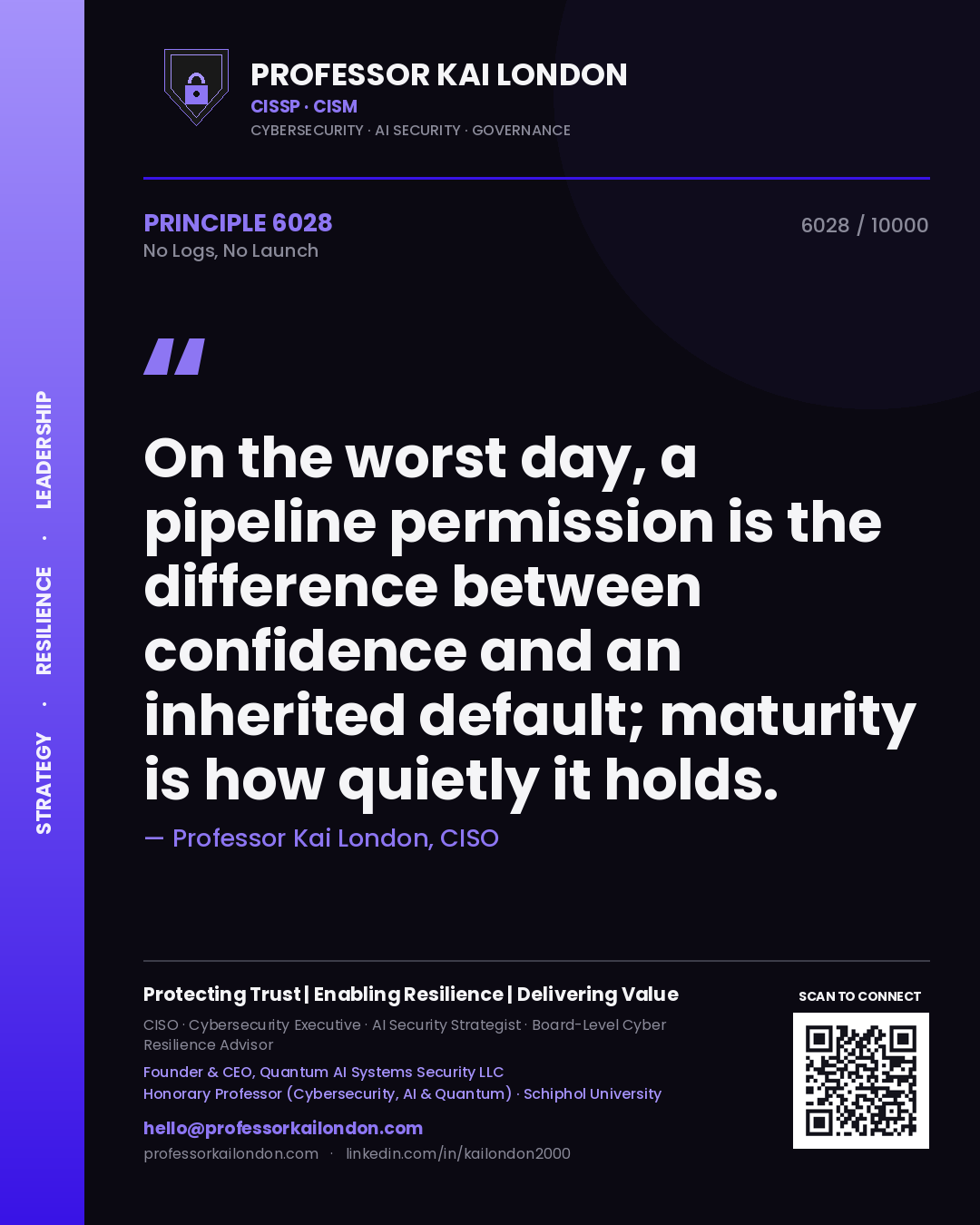 Professor Kai London principle 6028: On the worst day, a pipeline permission is the difference between confidence and an inherited default; maturity is how quietly it holds.