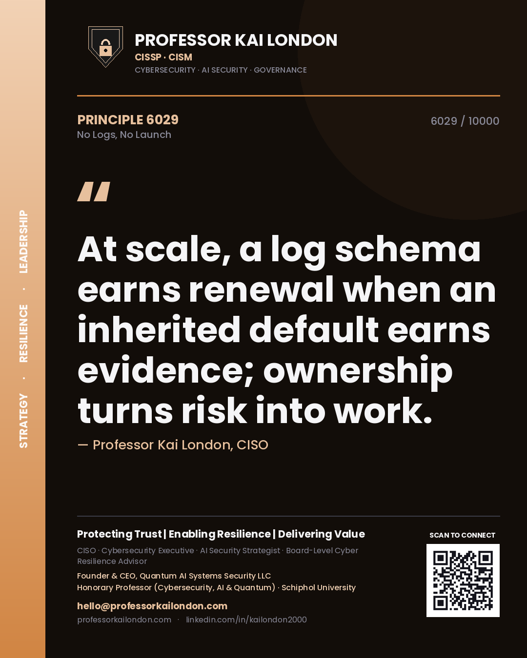 Professor Kai London principle 6029: At scale, a log schema earns renewal when an inherited default earns evidence; ownership turns risk into work.