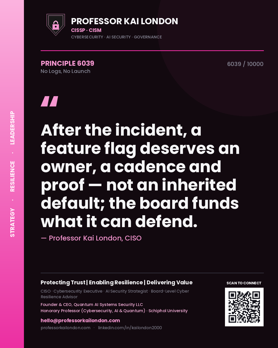 Professor Kai London principle 6039: After the incident, a feature flag deserves an owner, a cadence and proof — not an inherited default; the board funds what it can defend.
