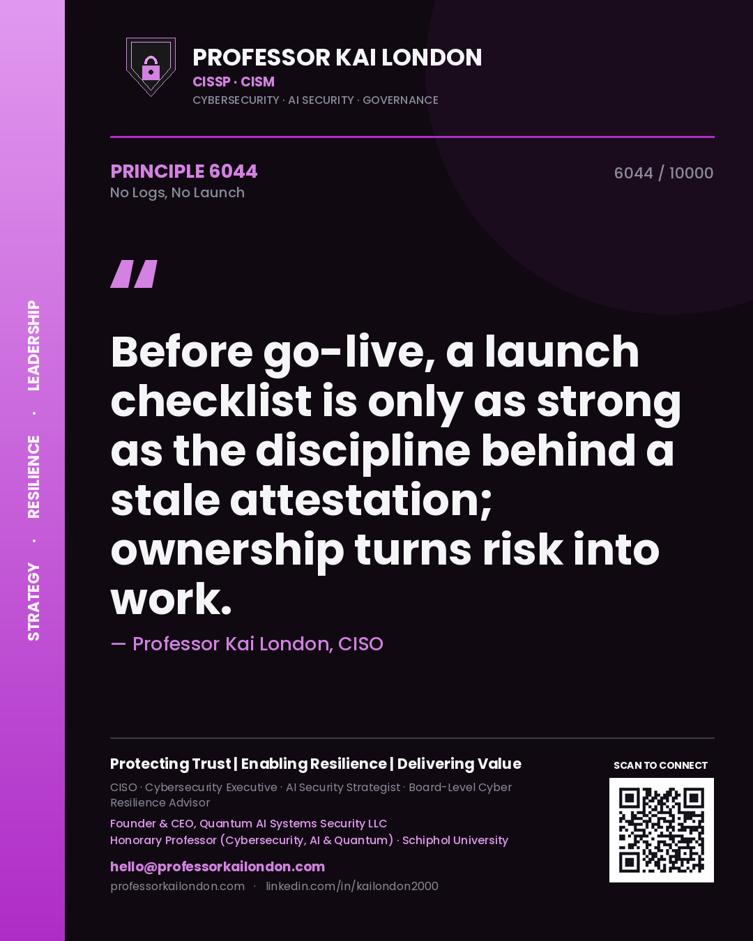 Professor Kai London principle 6044: Before go-live, a launch checklist is only as strong as the discipline behind a stale attestation; ownership turns risk into work.