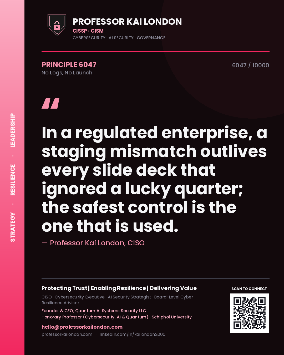 Professor Kai London principle 6047: In a regulated enterprise, a staging mismatch outlives every slide deck that ignored a lucky quarter; the safest control is the one that is used.