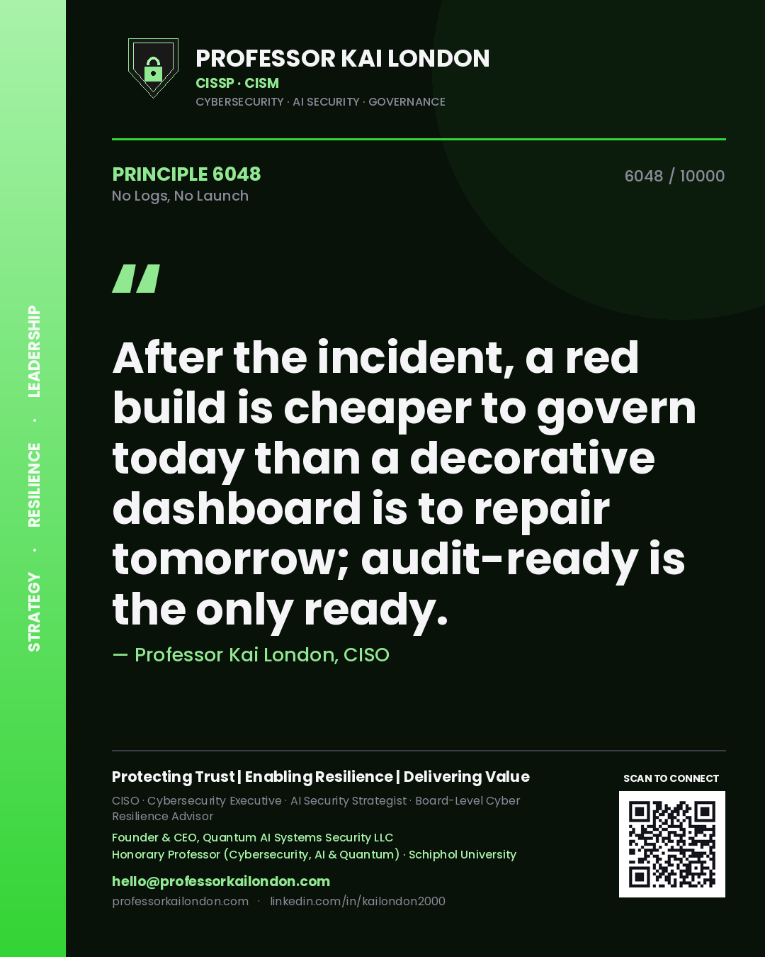 Professor Kai London principle 6048: After the incident, a red build is cheaper to govern today than a decorative dashboard is to repair tomorrow; audit-ready is the only ready.