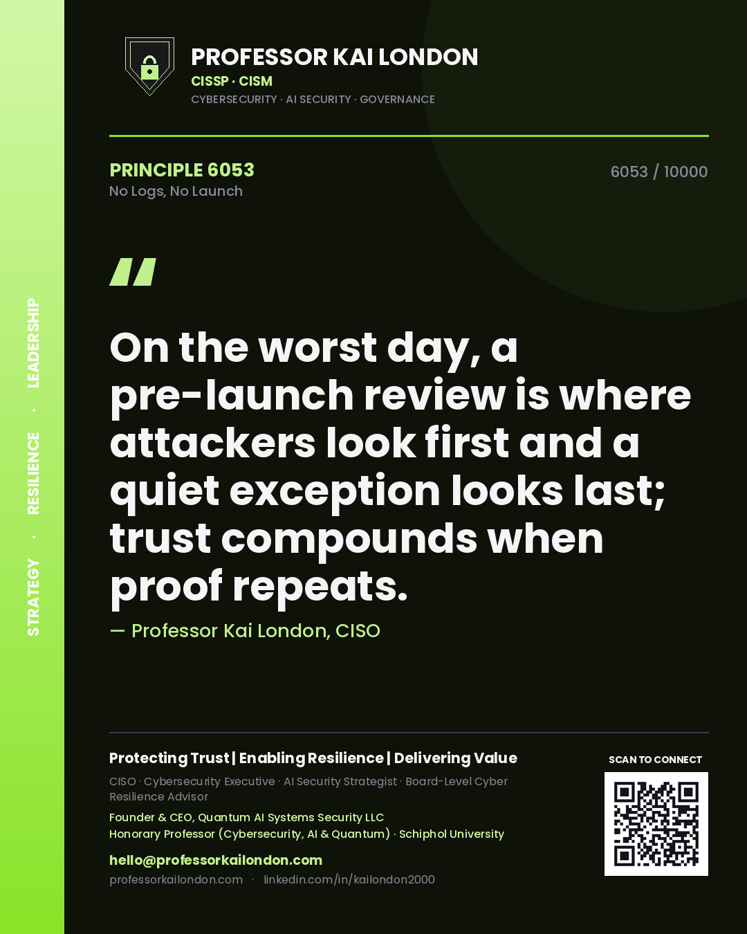 Professor Kai London principle 6053: On the worst day, a pre-launch review is where attackers look first and a quiet exception looks last; trust compounds when proof repeats.